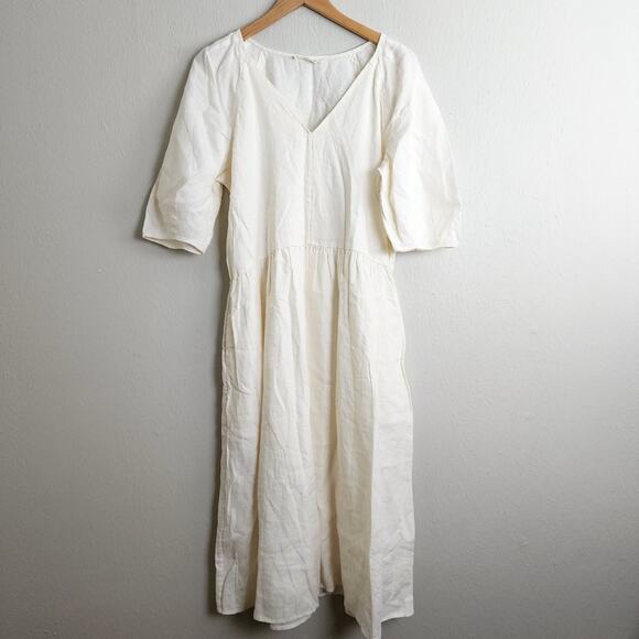 Everlane Linen Puff Sleeve Midi Dress Bone Cream Ivory White Size Medium NEW - Picture 5 of 12
